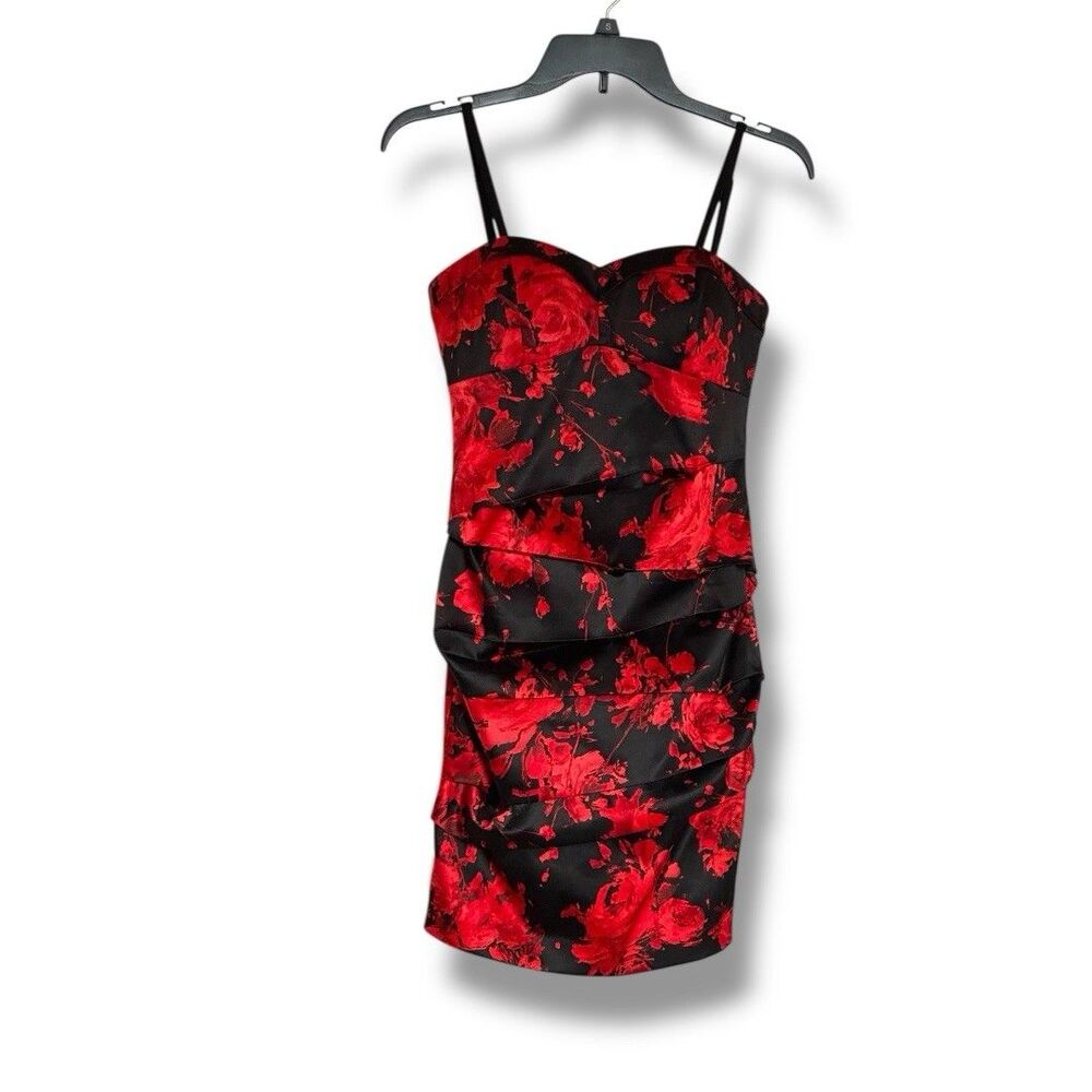 Guess Black Satin Dress Red Rose Print Removable Straps Sweetheart Neckline Sz 0